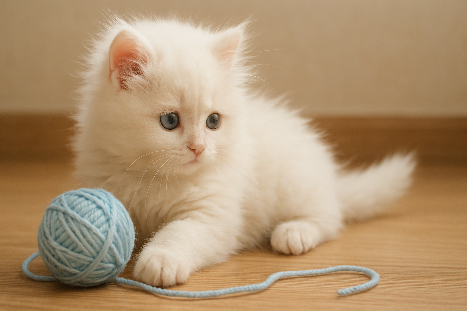 ふわふわの白い子猫が毛糸で遊んでいる
