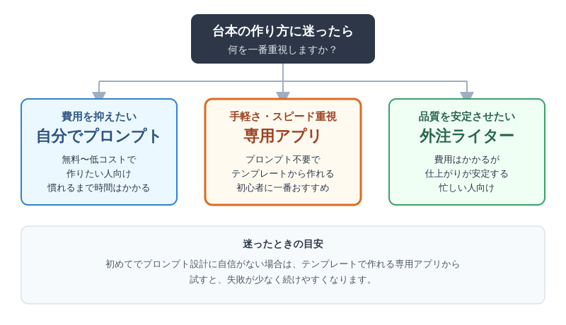 YouTube台本の作り方をプロンプト・専用アプリ・外注の3つから選ぶフローチャート