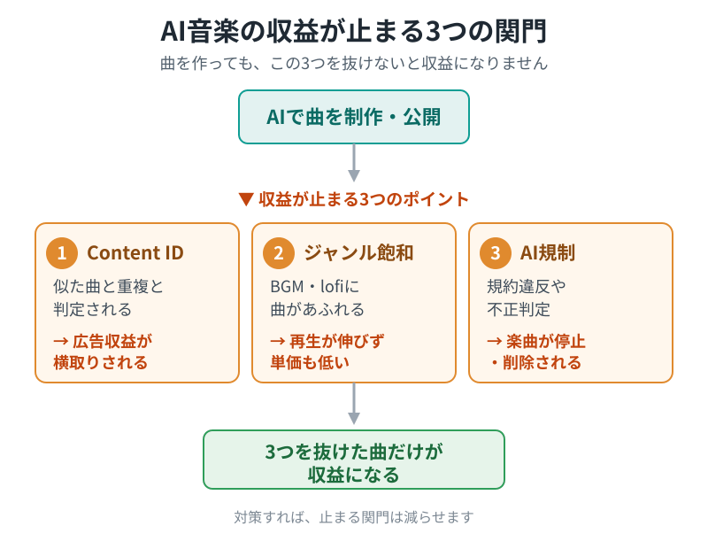 AI音楽の収益が止まる3つの関門を示した図