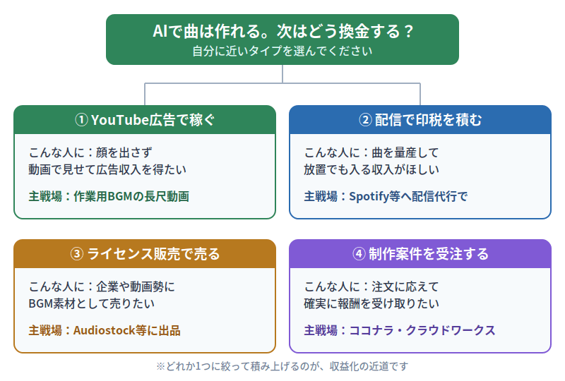 AI音楽の稼ぎ方4つの型を状況別に選ぶフローチャート